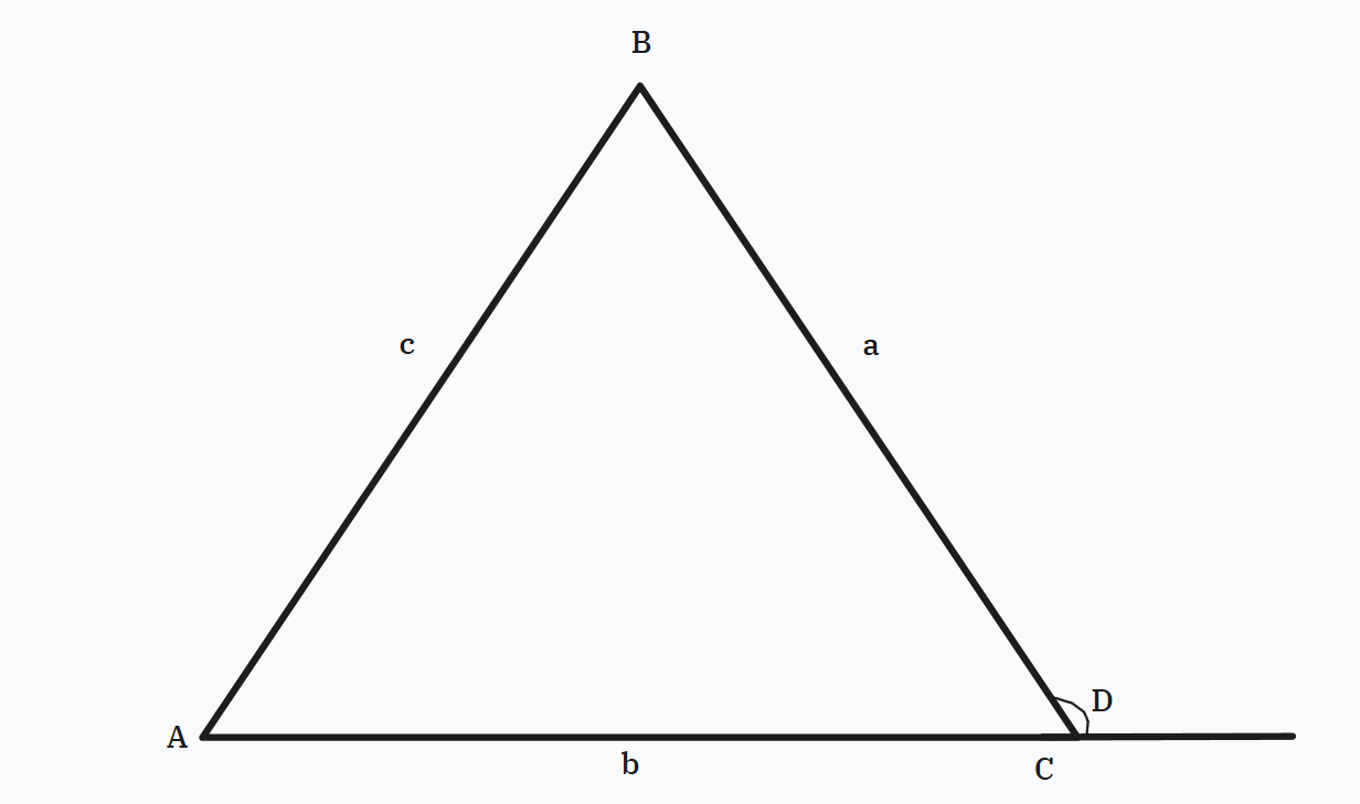 Triangle with angles A, B, C and exterior angle D